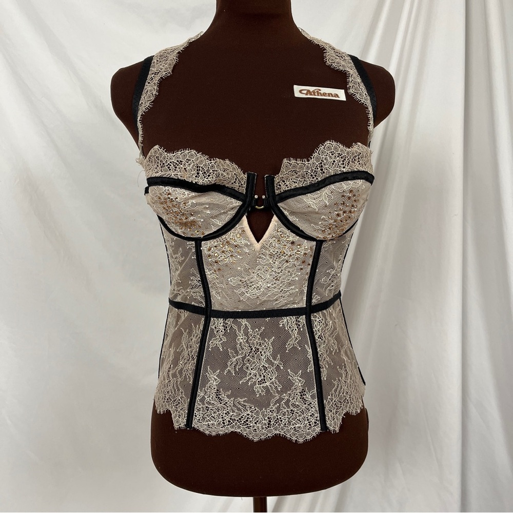 VS Gold Chantilly Lace & Black Bustier Corset Top w/ Swarovski Crystals Sz 36C